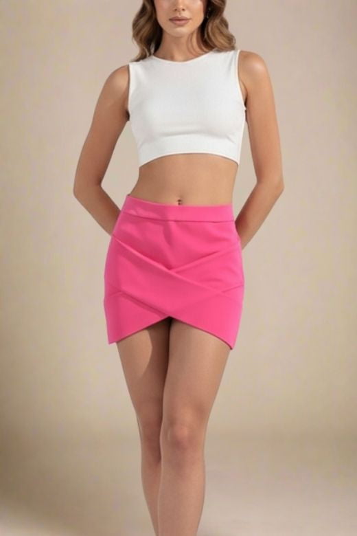 Woman wearing a figure flattering Jay High Waist Bandage Mini Skirt - Hot Pink BODYCON COLLECTION