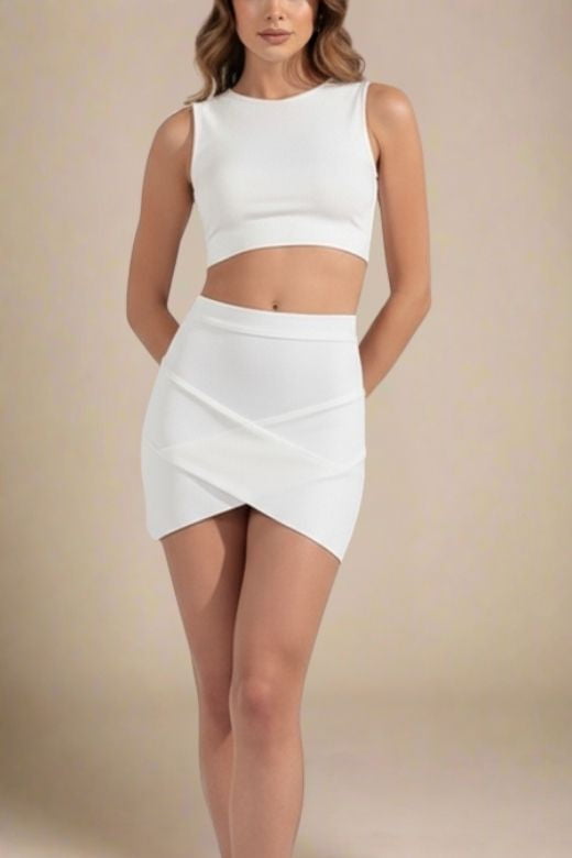 Woman wearing a figure flattering Jay High Waist Bandage Mini Skirt - White Pearl BODYCON COLLECTION