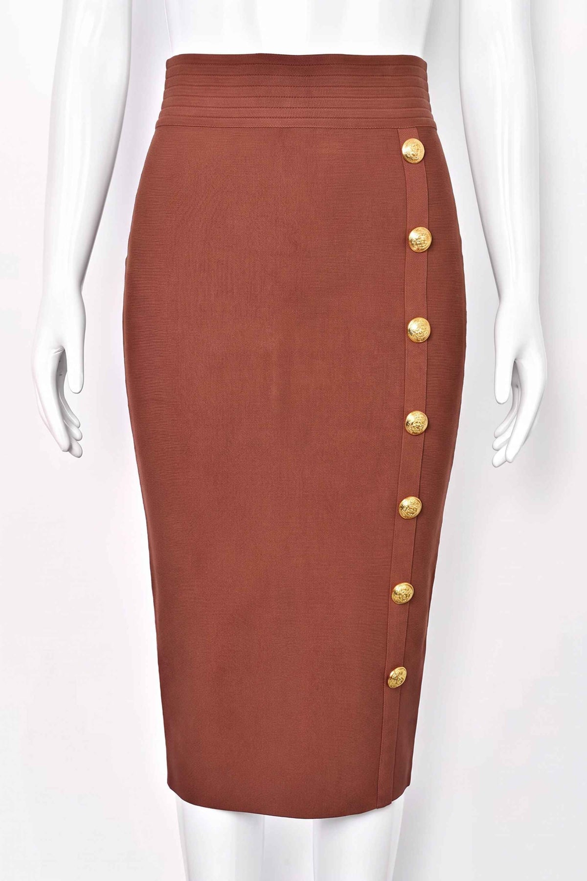 Woman wearing a figure flattering Jessie Midi Pencil Skirt - Tan Brown BODYCON COLLECTION Pty Ltd
