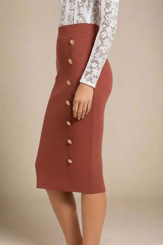 Woman wearing a figure flattering Jessie Midi Pencil Skirt - Tan Brown BODYCON COLLECTION Pty Ltd