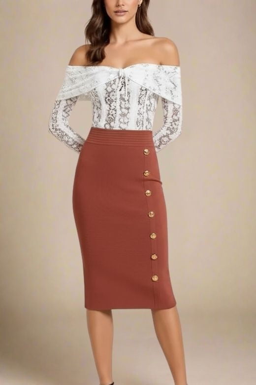 Woman wearing a figure flattering Jessie Midi Pencil Skirt - Tan Brown BODYCON COLLECTION Pty Ltd