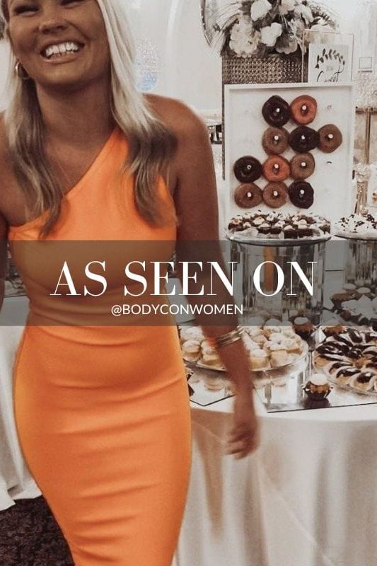 Woman wearing a figure flattering Joi Bodycon Midi Dress - Apricot Orange Bodycon Collection