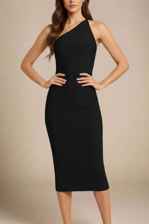 Woman wearing a figure flattering Joi Bodycon Midi Dress - Classic Black Bodycon Collection