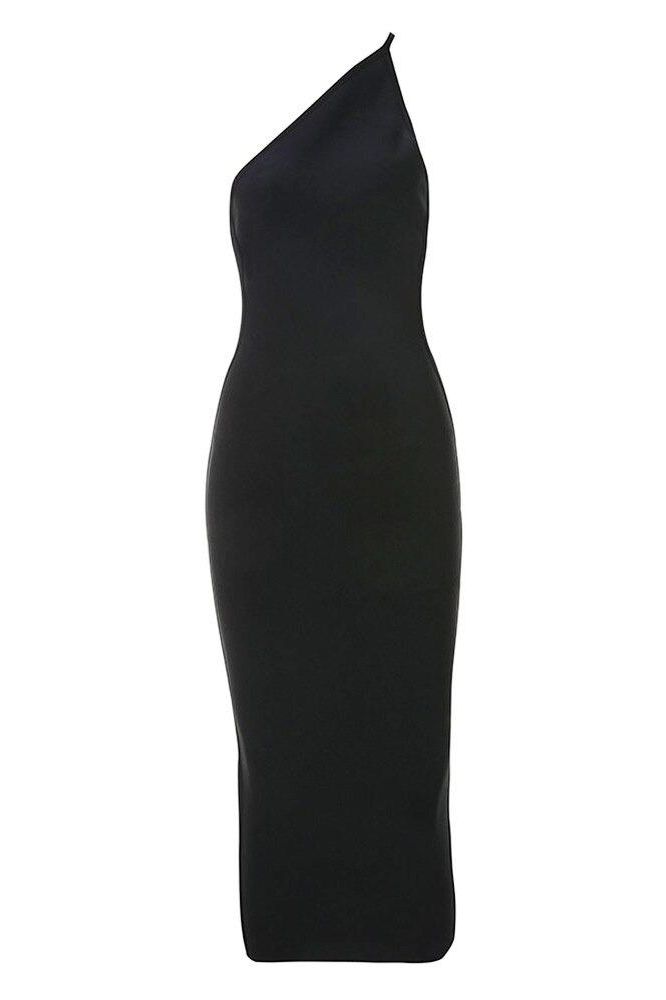 Woman wearing a figure flattering Joi Bodycon Midi Dress - Classic Black Bodycon Collection