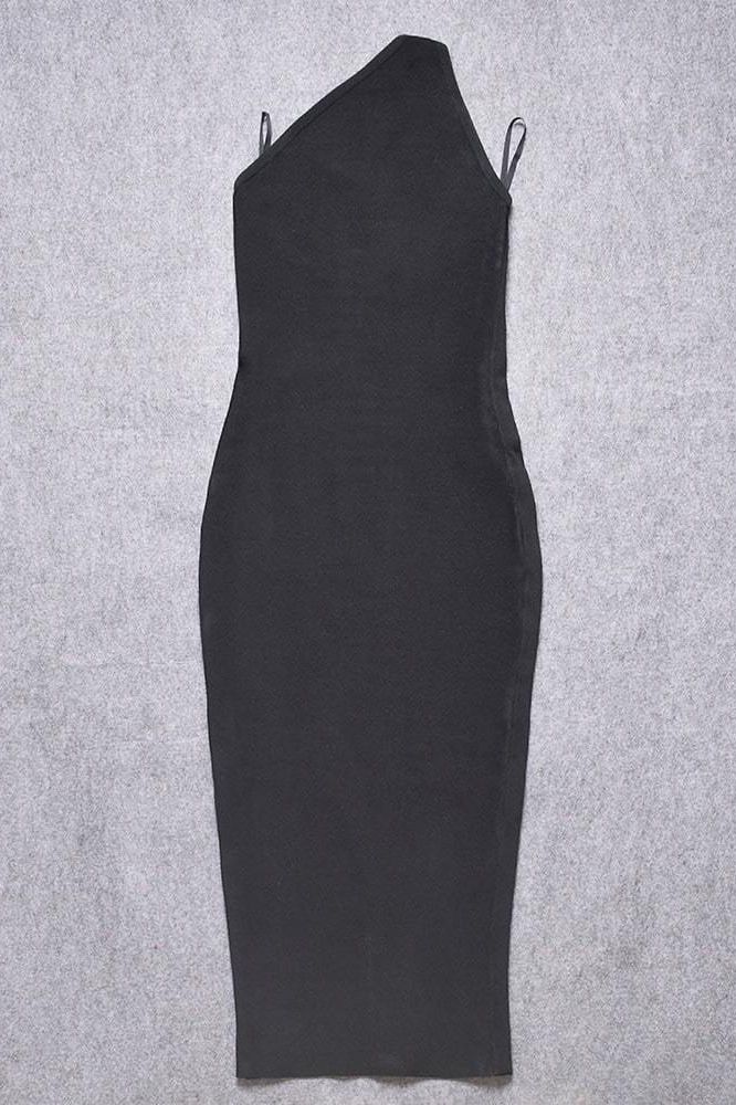 Woman wearing a figure flattering Joi Bodycon Midi Dress - Classic Black Bodycon Collection