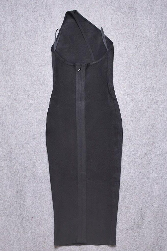 Woman wearing a figure flattering Joi Bodycon Midi Dress - Classic Black Bodycon Collection