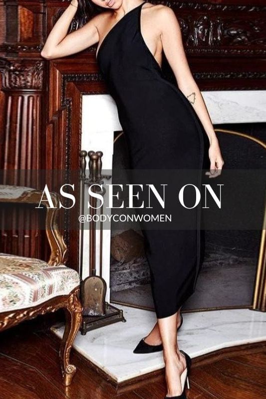 Woman wearing a figure flattering Joi Bodycon Midi Dress - Classic Black Bodycon Collection