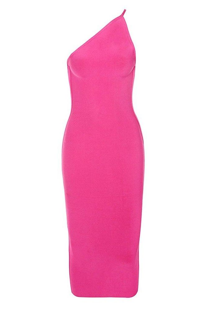 Woman wearing a figure flattering Joi Bodycon Midi Dress - Hot Pink Bodycon Collection