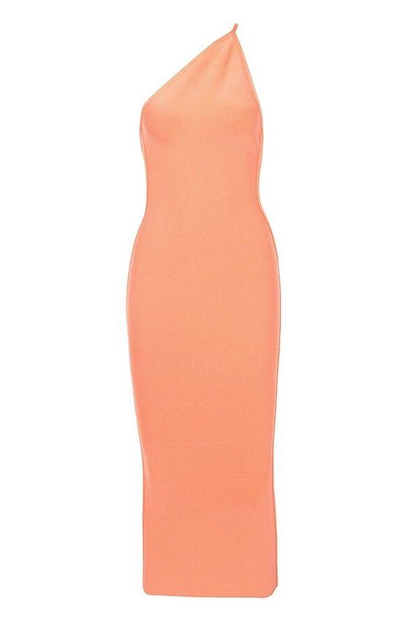 Woman wearing a figure flattering Joi Bodycon Midi Dress - Peach Bodycon Collection