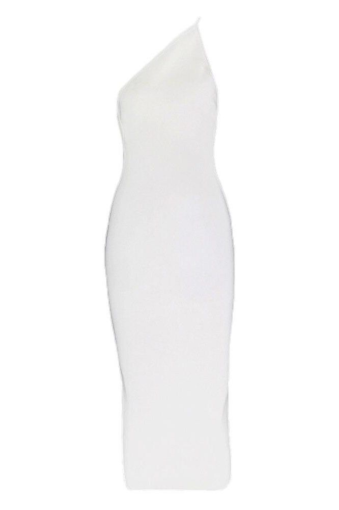 Woman wearing a figure flattering Joi Bodycon Midi Dress - Pearl White Bodycon Collection