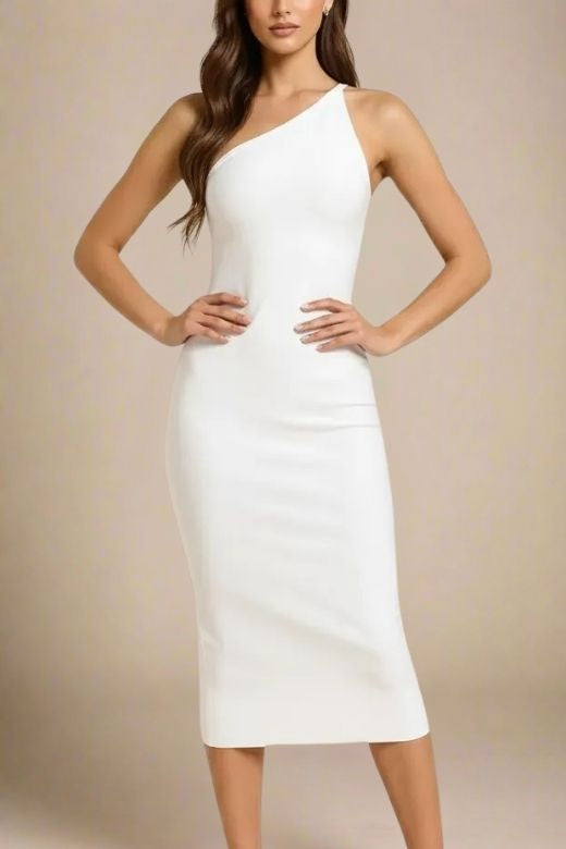 Woman wearing a figure flattering Joi Bodycon Midi Dress - Pearl White Bodycon Collection