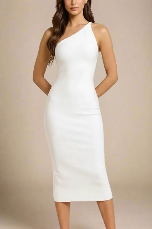 Woman wearing a figure flattering Joi Bodycon Midi Dress - White Pearl Bodycon Collection