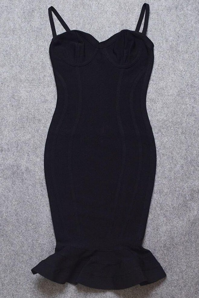 Woman wearing a figure flattering Joy Bandage Midi Dress - Classic Black Bodycon Collection