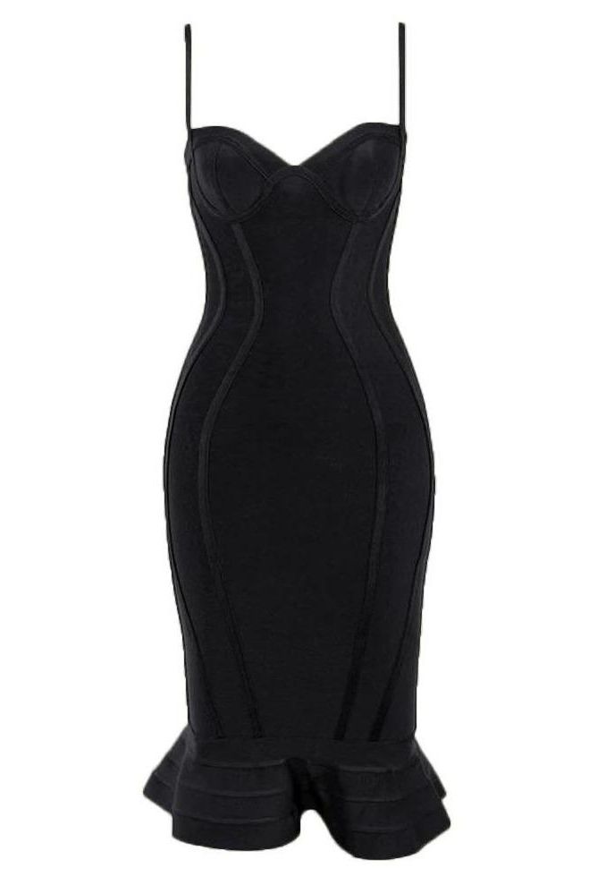 Woman wearing a figure flattering Joy Bandage Midi Dress - Classic Black Bodycon Collection