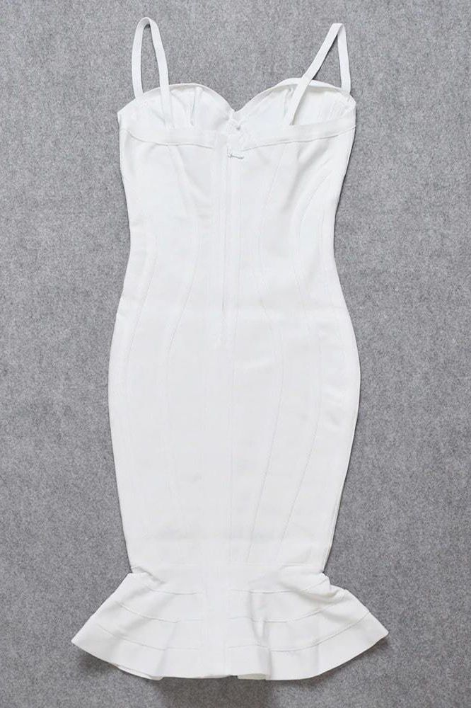 Woman wearing a figure flattering Joy Bandage Midi Dress - Pearl White Bodycon Collection