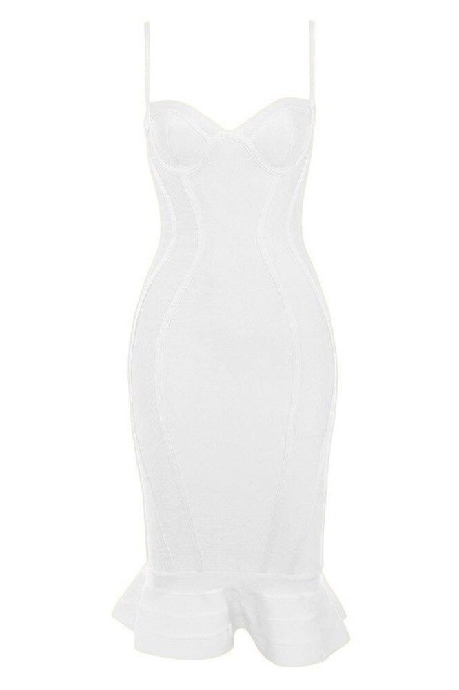 Woman wearing a figure flattering Joy Bandage Midi Dress - Pearl White Bodycon Collection