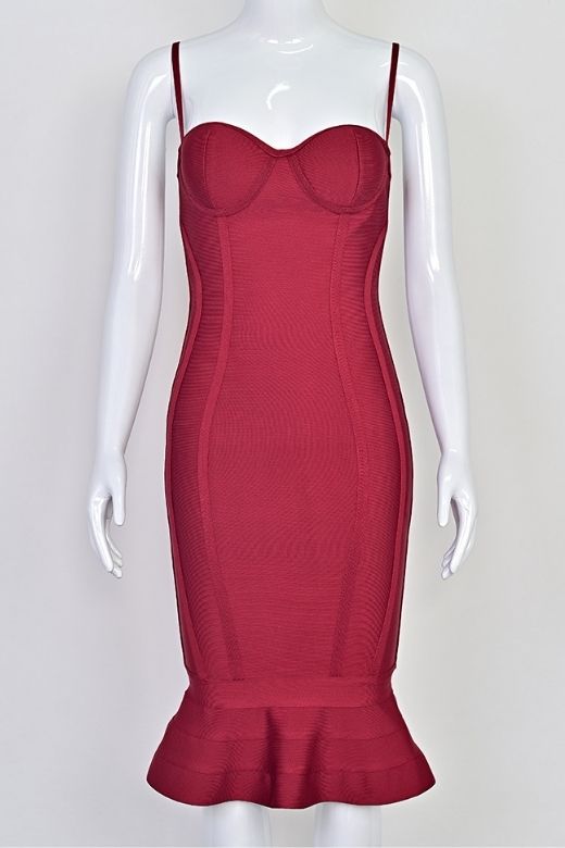 Woman wearing a figure flattering Joy Bandage Midi Dress - Red Wine Bodycon Collection