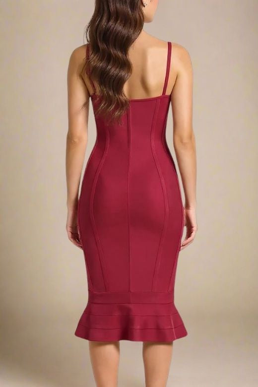 Woman wearing a figure flattering Joy Bandage Midi Dress - Red Wine Bodycon Collection