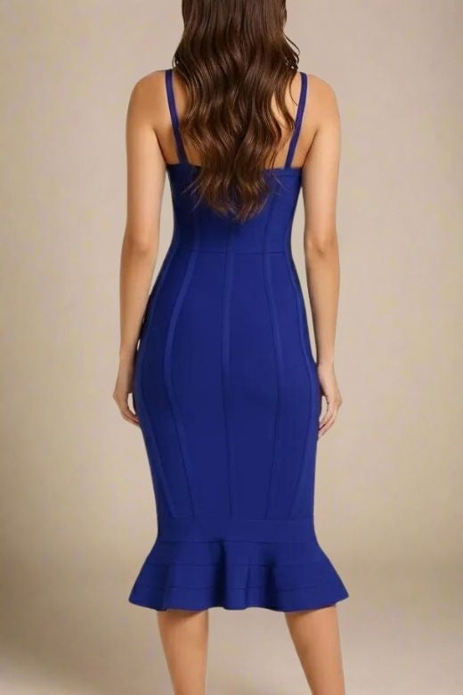 Woman wearing a figure flattering Joy Bandage Midi Dress - Royal Blue Bodycon Collection