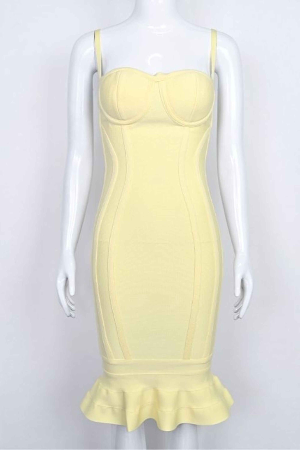 Woman wearing a figure flattering Joy Bandage Midi Dress - Sun Yellow Bodycon Collection