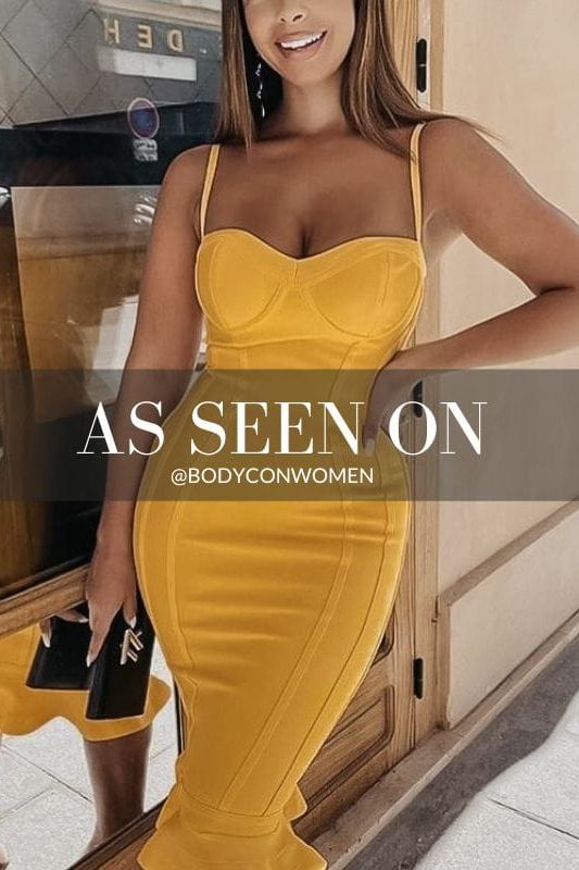 Woman wearing a figure flattering Joy Bandage Midi Dress - Sun Yellow Bodycon Collection