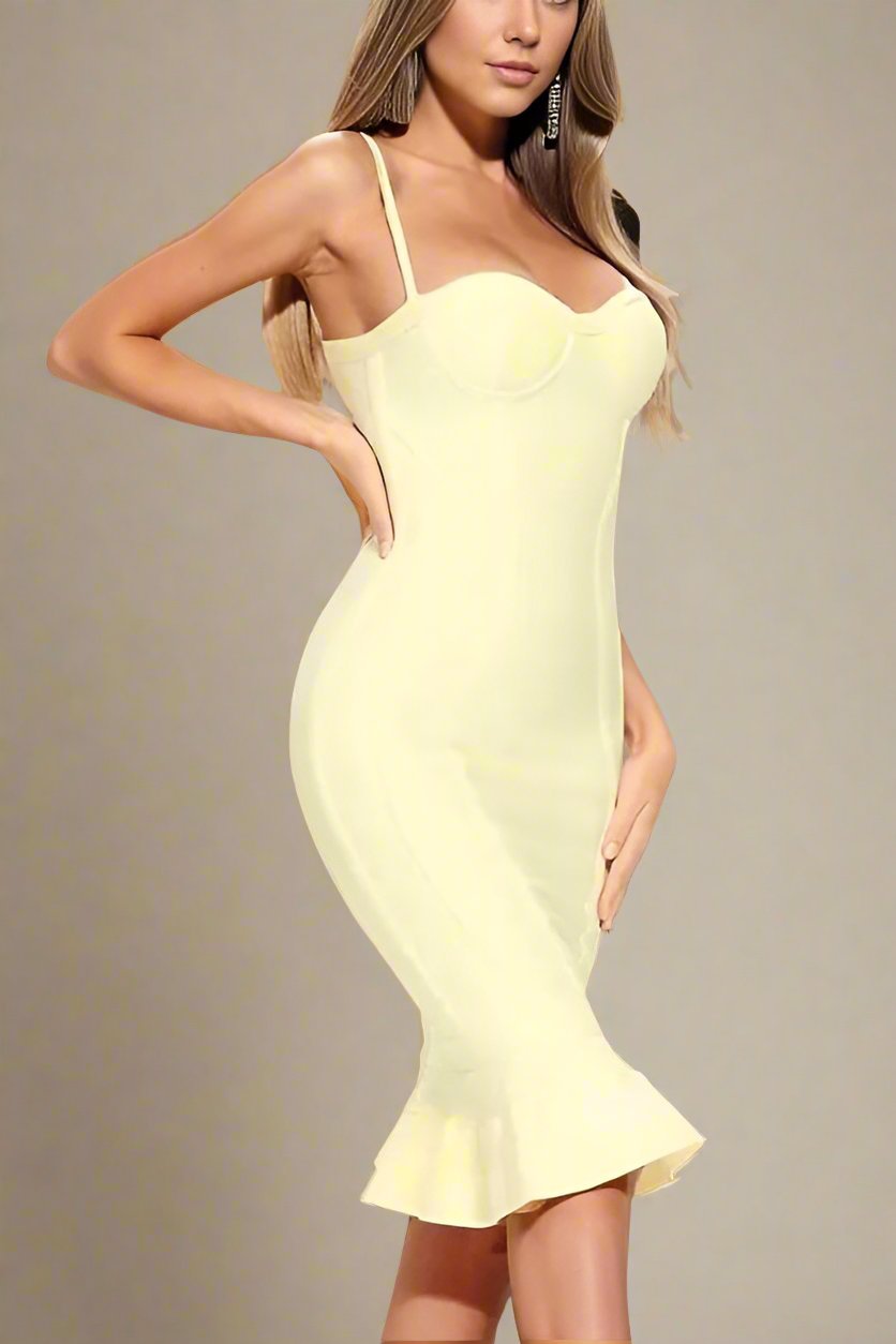 Woman wearing a figure flattering Joy Bandage Midi Dress - Sun Yellow Bodycon Collection