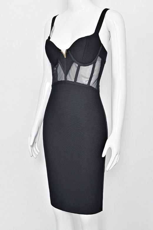 Woman wearing a figure flattering Juliette Bodycon Dress - Classic Black Bodycon Collection