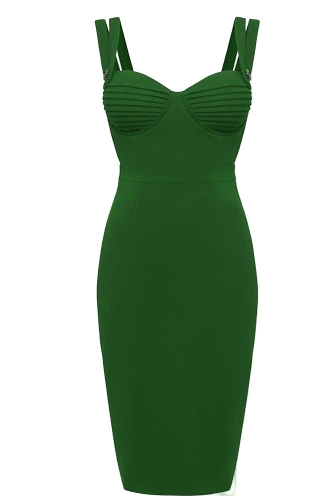 Woman wearing a figure flattering Kate Bandage Dress - Emerald Green Bodycon Collection