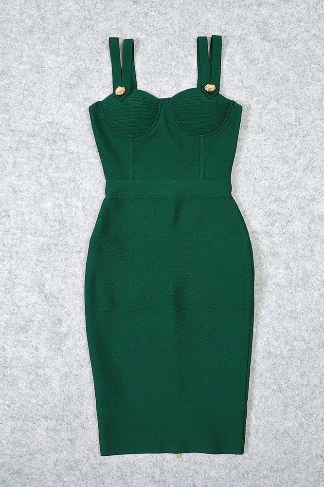 Woman wearing a figure flattering Kate Bandage Dress - Emerald Green Bodycon Collection
