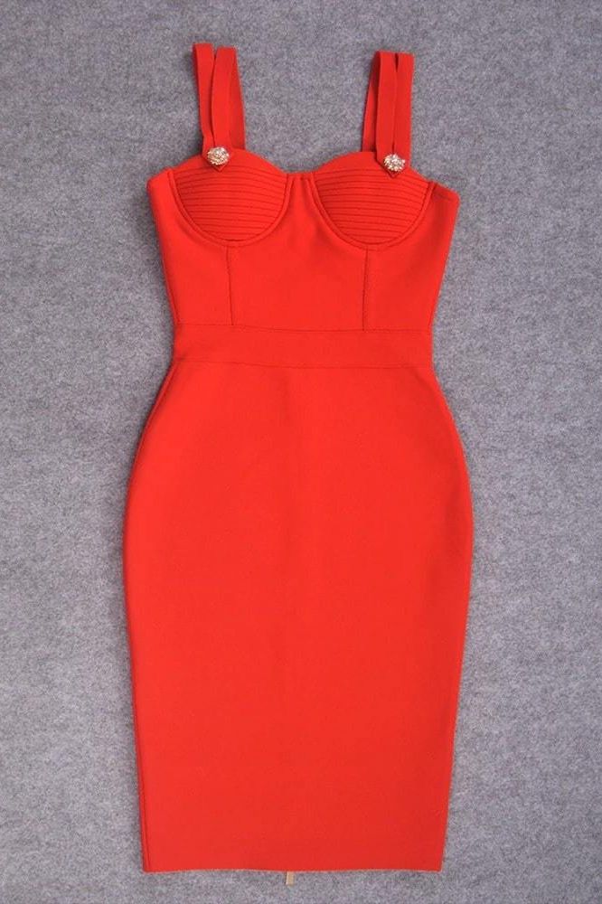 Woman wearing a figure flattering Kate Bandage Dress - Lipstick Red Bodycon Collection