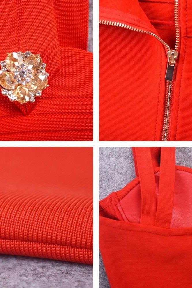 Woman wearing a figure flattering Kate Bandage Dress - Lipstick Red Bodycon Collection