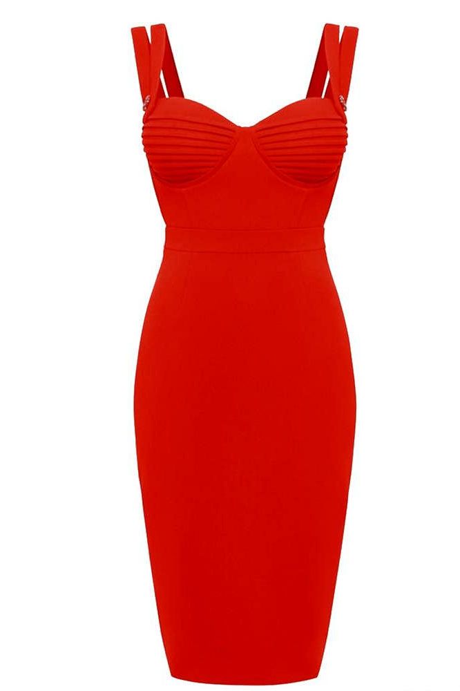Woman wearing a figure flattering Kate Bandage Dress - Lipstick Red Bodycon Collection