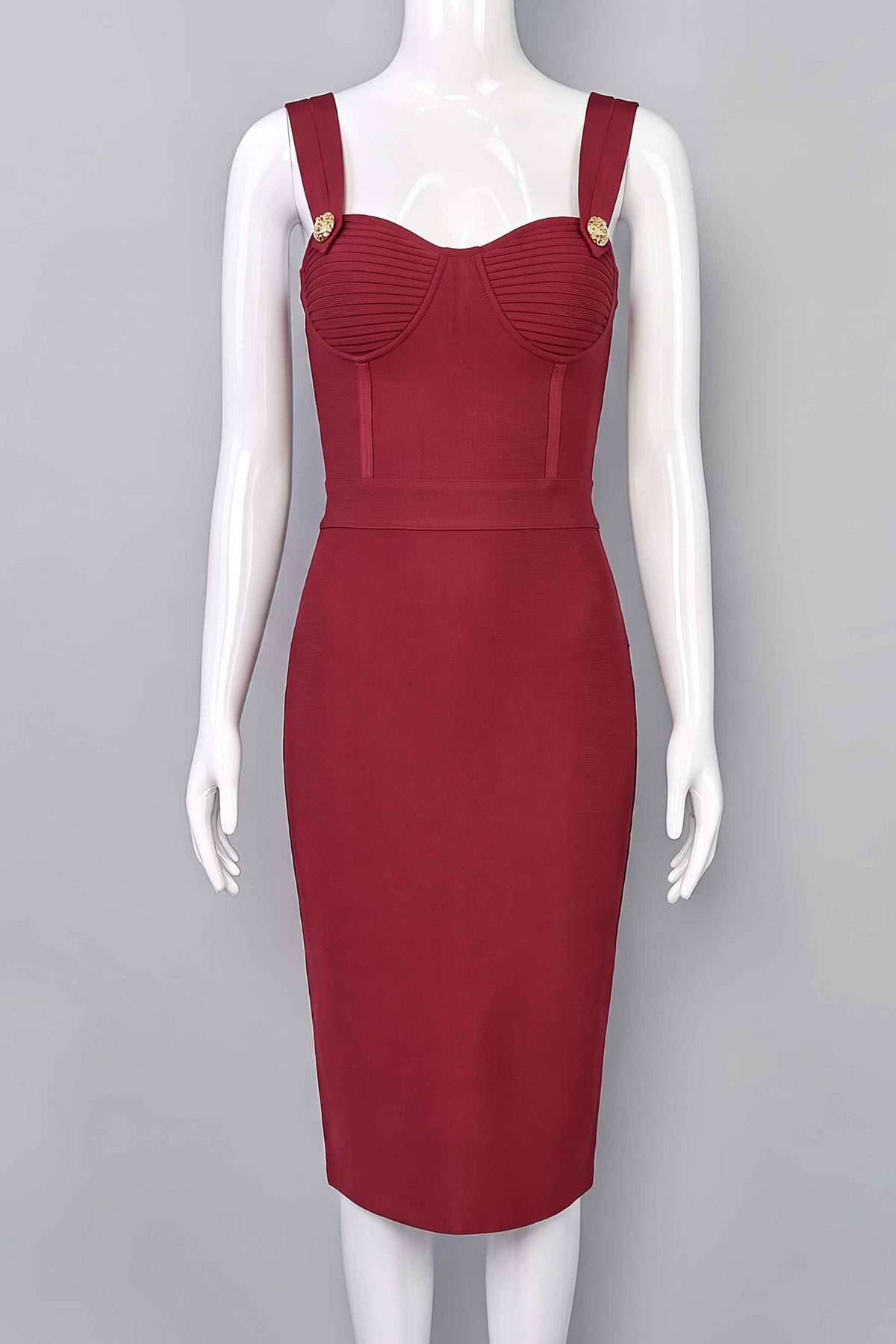 Woman wearing a figure flattering Kate Bandage Dress - Red Wine Bodycon Collection