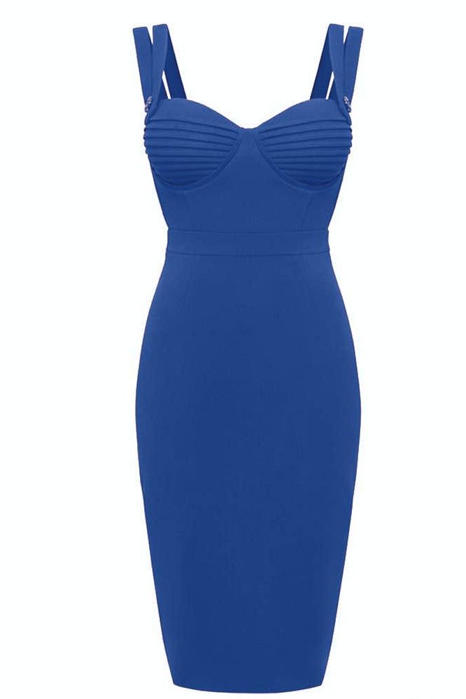Woman wearing a figure flattering Kate Bandage Dress - Royal Blue Bodycon Collection