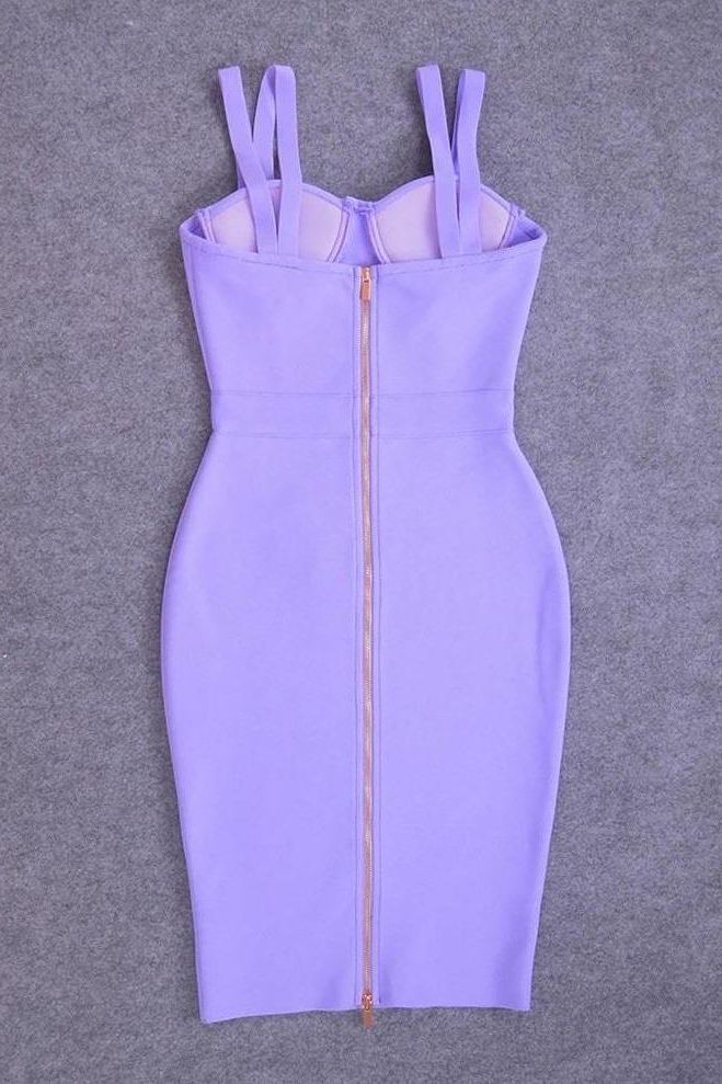 Woman wearing a figure flattering Kate Bandage Dress - Violet Bodycon Collection