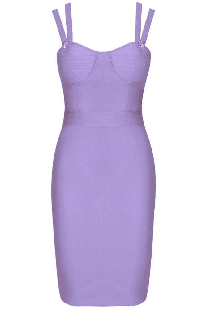 Woman wearing a figure flattering Kate Bandage Dress - Violet Bodycon Collection
