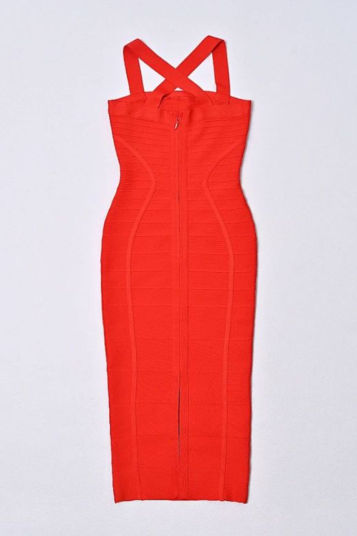 Woman wearing a figure flattering Kendall Bandage Midi Dress - Lipstick Red BODYCON COLLECTION