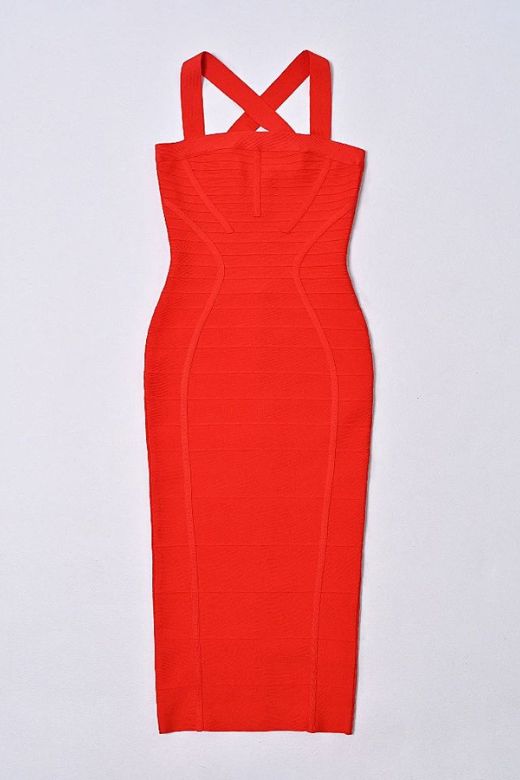 Woman wearing a figure flattering Kendall Bandage Midi Dress - Lipstick Red BODYCON COLLECTION