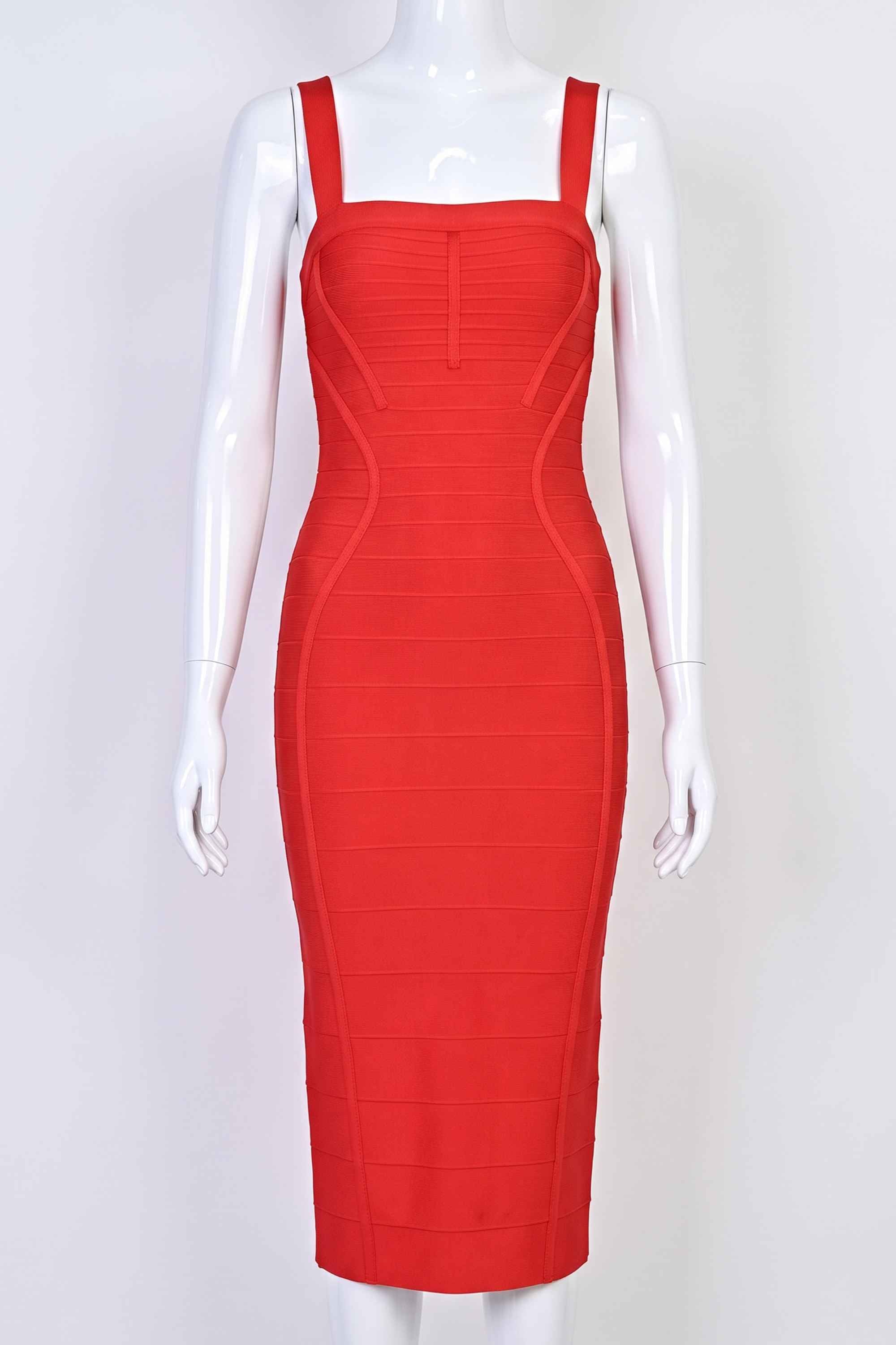 Woman wearing a figure flattering Kendall Bandage Midi Dress - Lipstick Red BODYCON COLLECTION