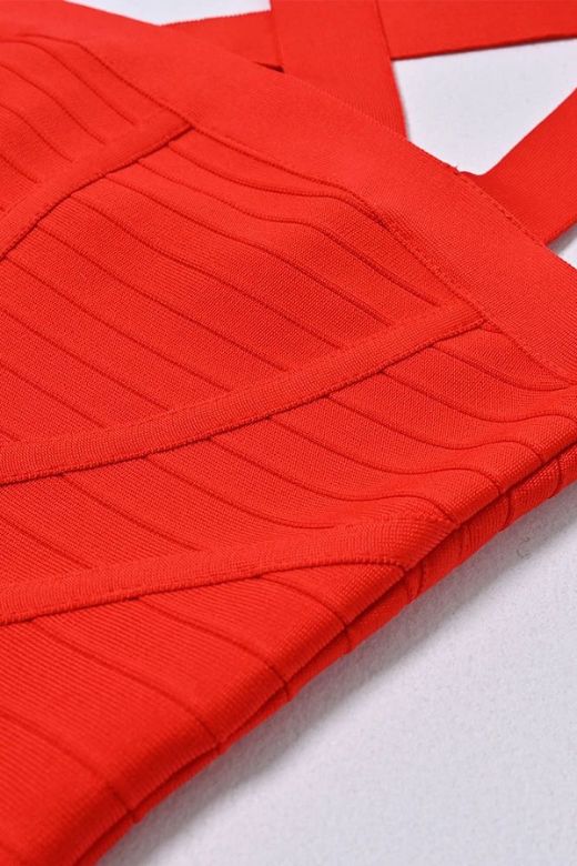 Woman wearing a figure flattering Kendall Bandage Midi Dress - Lipstick Red BODYCON COLLECTION