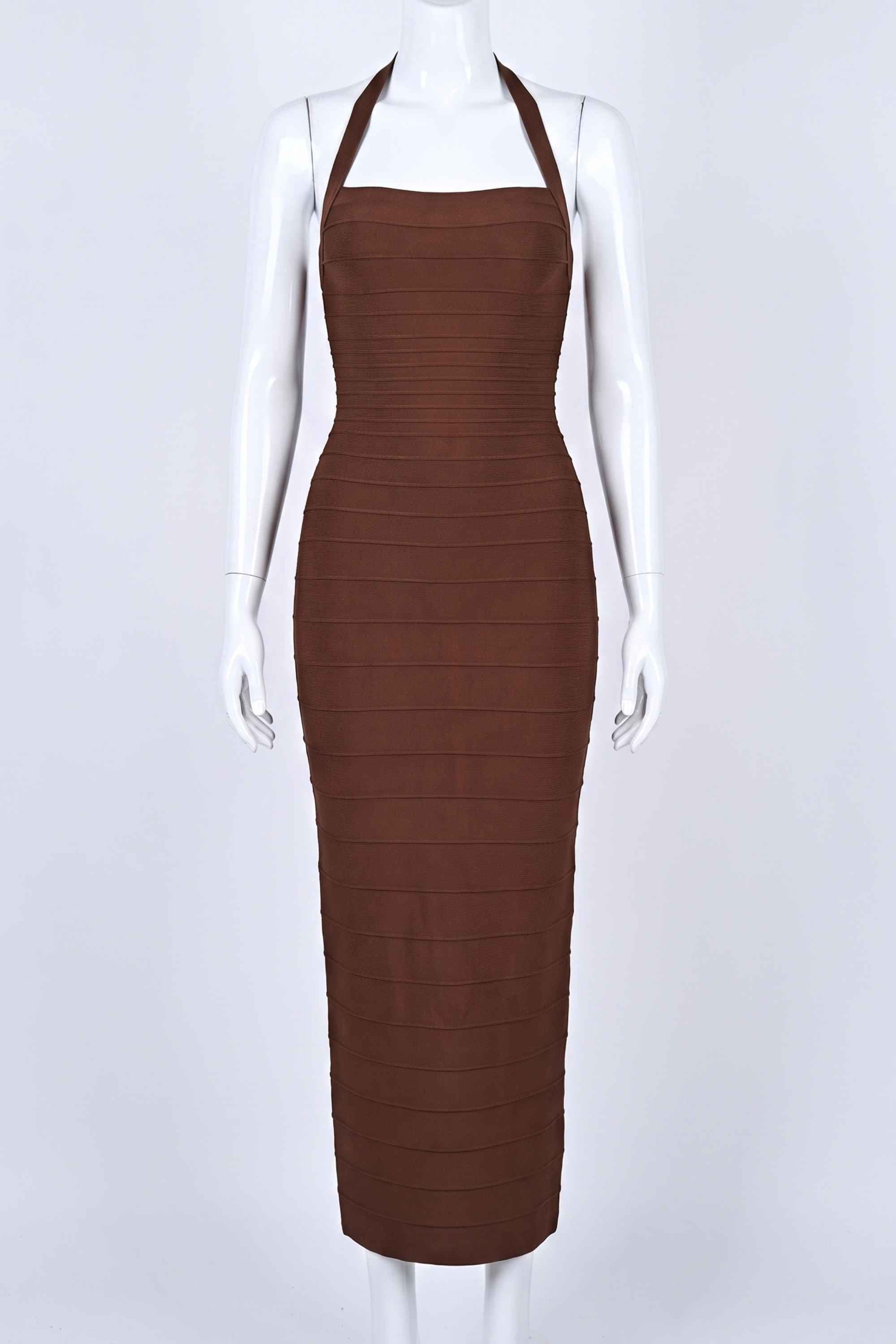 Woman wearing a figure flattering Kia Bandage Maxi Dress - Chocolate Brown BODYCON COLLECTION Pty Ltd