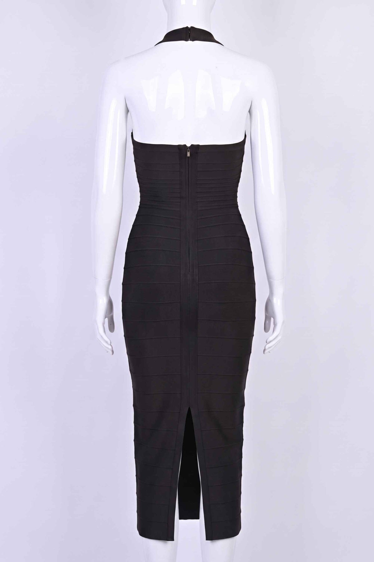 Woman wearing a figure flattering Kia Bandage Maxi Dress - Classic Black BODYCON COLLECTION Pty Ltd