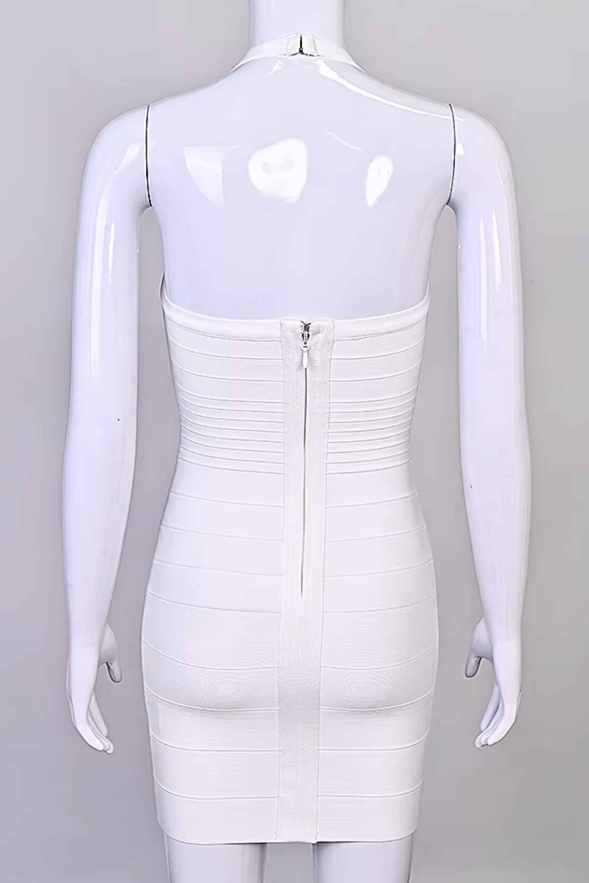 Woman wearing a figure flattering Kia Bandage Mini Dress - White Pearl BODYCON COLLECTION Pty Ltd