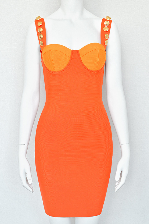 Woman wearing a figure flattering Kiki Bandage Mini Dress - Apricot Orange BODYCON COLLECTION