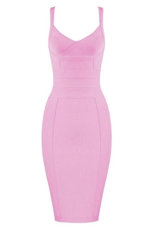 Woman wearing a figure flattering Kit Bandage Dress - Blush Pink Bodycon Collection