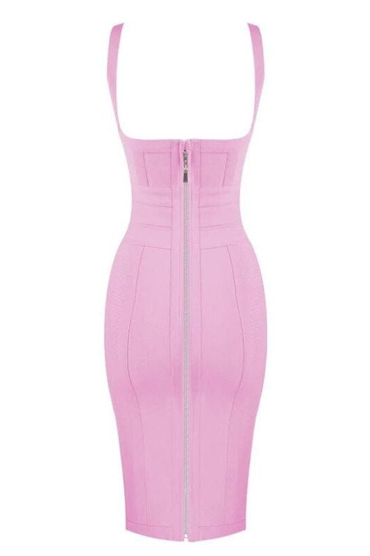 Woman wearing a figure flattering Kit Bandage Dress - Blush Pink Bodycon Collection