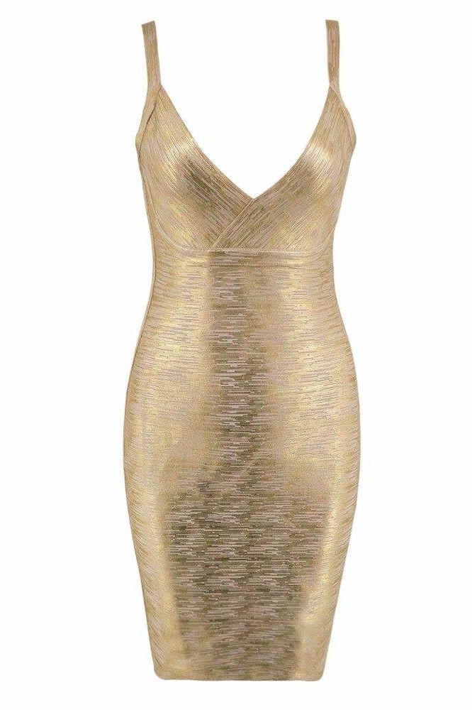 Woman wearing a figure flattering Kit Bandage Dress - Gold Bodycon Collection