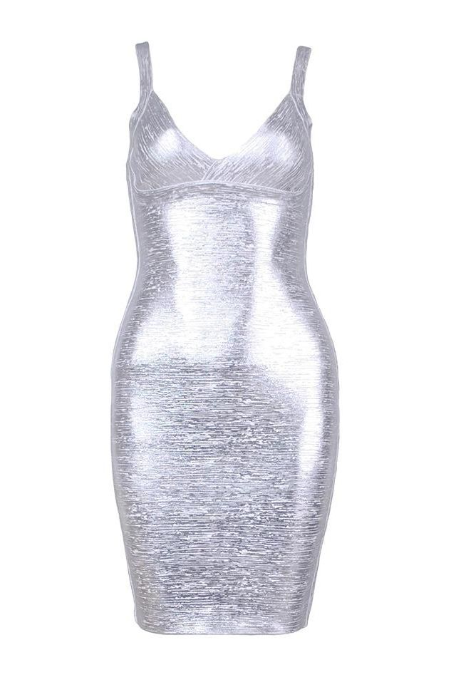 Woman wearing a figure flattering Kit Bandage Dress - Silver Bodycon Collection