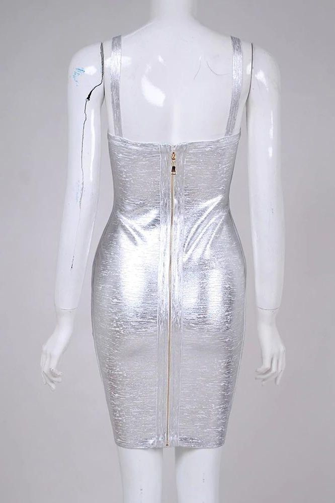 Woman wearing a figure flattering Kit Bandage Dress - Silver Bodycon Collection