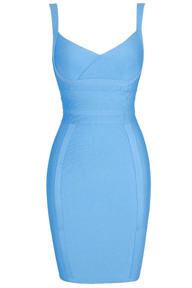 Woman wearing a figure flattering Kit Bandage Dress - Sky Blue Bodycon Collection